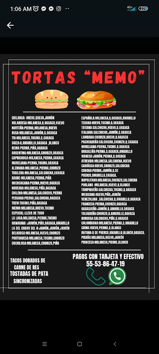 Tortas Memo Menu - Image 1